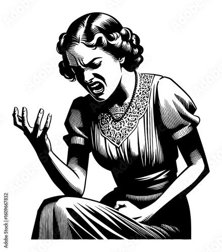 Vintage Woman with Anguished Gesture and Expression Black and White Outline Line Art Drawing