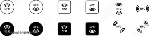 NFC icon, NFC symbol, wireless payment. Line and silhouette set.