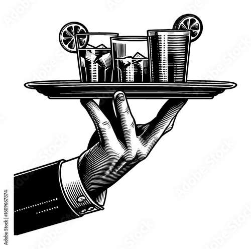 Professional Waiter Hand Holding Tray with Multiple Refreshing Drinks Black and White Outline Line Art Drawing