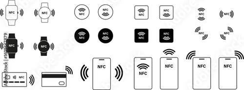 NFC icon, NFC symbol, wireless payment. Line and silhouette set. NFC smartphone, smartwatch and card.