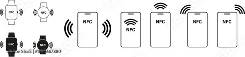NFC smartphone and smartwatch, NFC device. Contactless payment, NFC signal. Line and silhouette set.