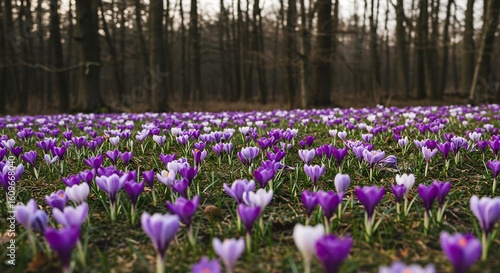 Field of Purple and White Crocus Flowers in Forest