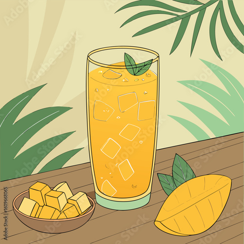A refreshing tall glass filled with vibrant fresh mango juice topped with a garnish presented as a clean vector illustration