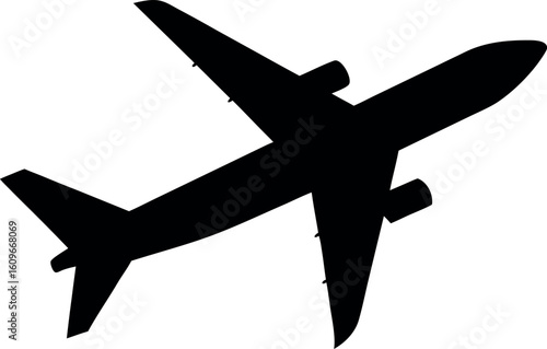 Black airplane silhouette flying against white background 1
