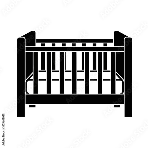 Black silhouette of a baby crib or cot with vertical bars.