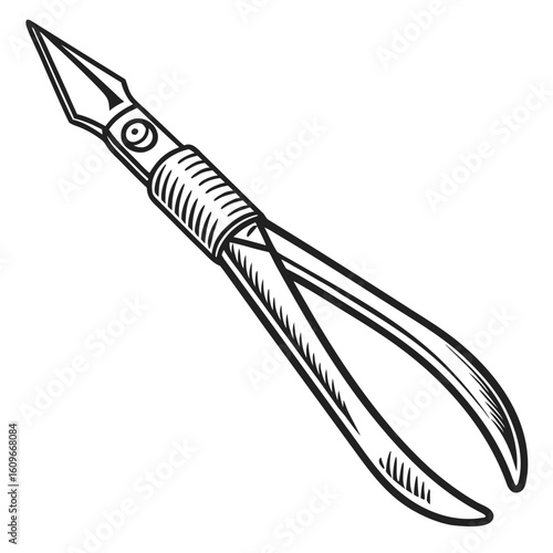 Detailed Black and White Illustration of Professional Cuticle Nippers with Sharp Blades and Textured Handle, Ideal for Beauty and Manicure Concepts