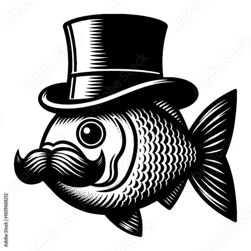Distinguished Gentleman Fish with Elegant Mustache Top Hat Monocle Black and White Outline Line Art Drawing Character
