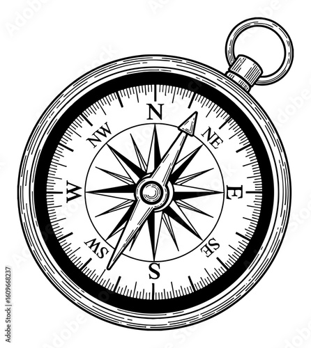 Retro Styled Pocket Compass Black and White Outline Line Art Drawing for Exploration and Journey