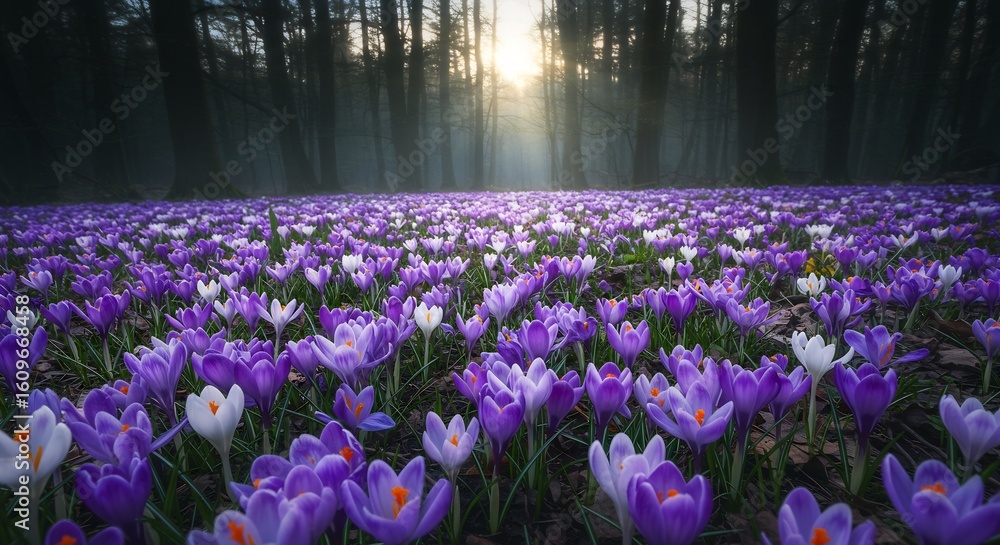 Obraz premium Field of Purple Crocuses in a Misty Forest at Sunrise