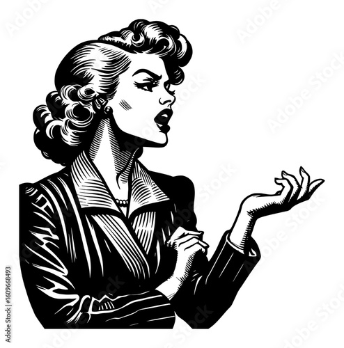 Vintage Woman with Anguished Gesture and Expression in Black and White Outline Line Art Drawing