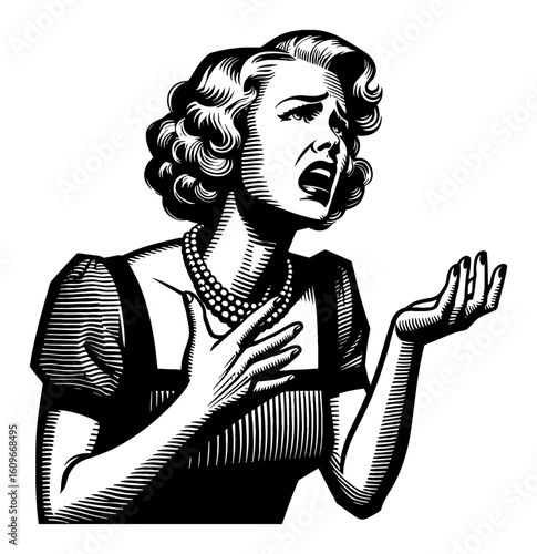 Vintage Woman with Anguished Gesture and Expression in Black and White Outline Line Art Drawing
