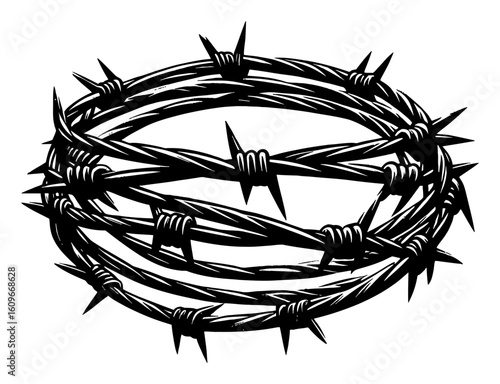 Spiky Barbed Wire Oval Shape Black and White Outline Line Art Drawing Graphic Illustration Isolated Object