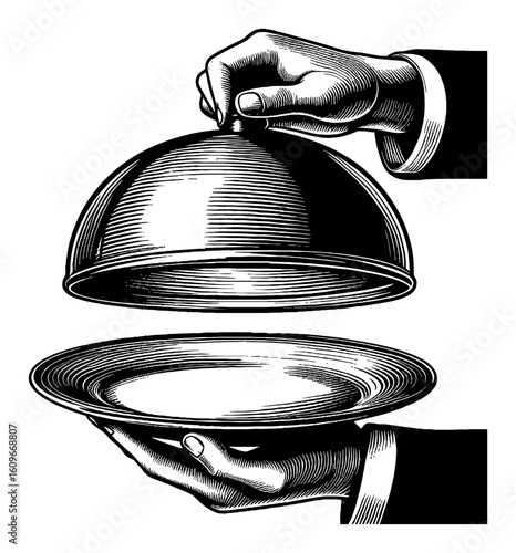 Hand Holding Empty Serving Plate and Opening Cloche Lid Black and White Outline Line Art Drawing Vintage Style