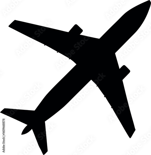 Black silhouette of a passenger jet airplane from above