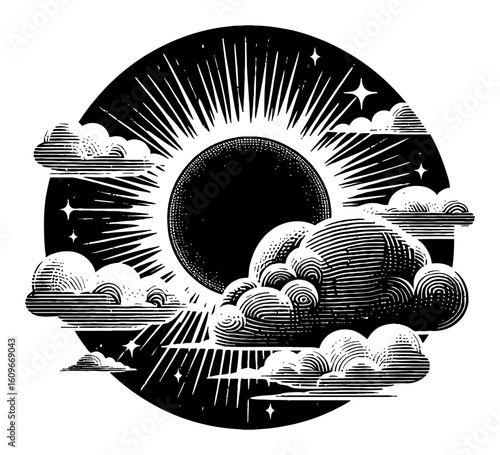 Mystical Celestial Sun with Clouds and Stars Tarot Style Black and White Outline Line Art Drawing