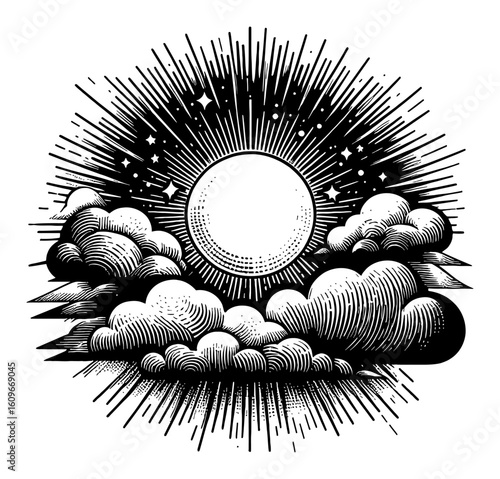 Sun with Clouds Tarot Style Black and White Outline Line Art Drawing and Radiant Rays with Stars