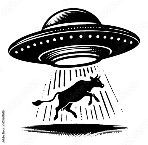 SciFi UFO Flying Saucer Kidnapping a Cow Silhouette Beam Black and White Outline Line Art Drawing