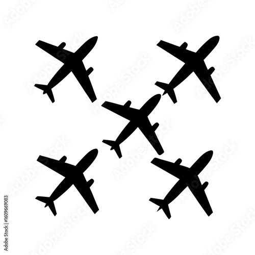 Five black airplane silhouettes arranged in a circle
