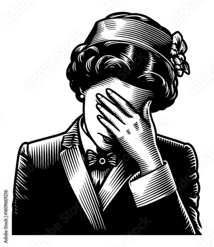 Vintage Woman with Facepalm Gesture Expressing Frustration in Elegant Black and White Outline Line Art Drawing