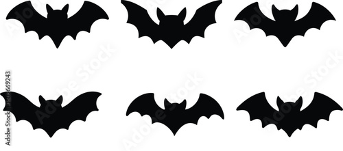 Halloween Bat Silhouette Vector, Flying Bats at Night, Gothic Spooky Black Illustration.