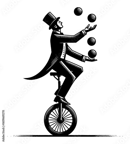 A Juggler with Balls Balancing on a Unicycle Black and White Outline Line Art Drawing Etching Illustration