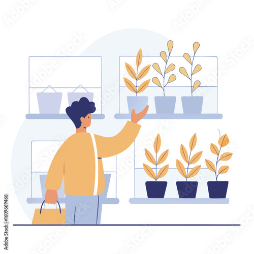 A person with a shopping bag examines potted plants on shelves in a brightly lit store or nursery