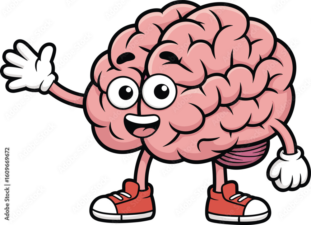 Cute cartoon brain character waving hand, friendly smile, educational mascot, human organ illustration, knowledge concept, smart thinking idea, mental health concept Cute cartoon brain character waving hand, friendly smile, educational mascot, human organ illustration, knowledge concept, smart thinking idea, mental health concept