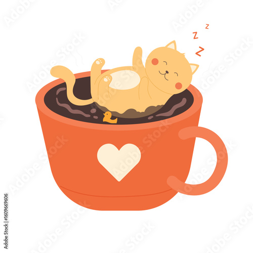 Funny cat sleep in the coffee cup isolated in white background