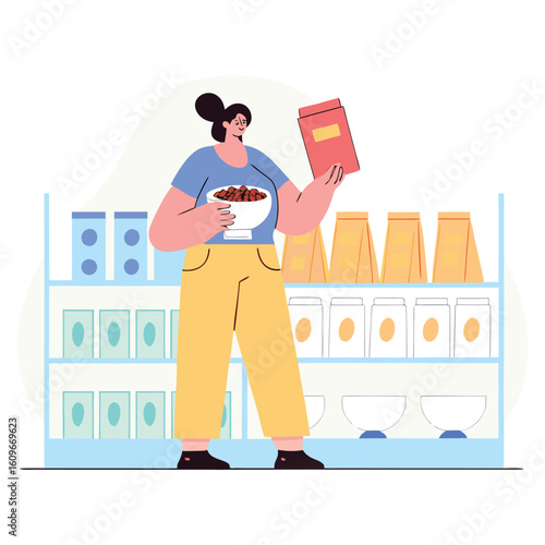 Young girl holding food while shopping in grocery store and mall environment