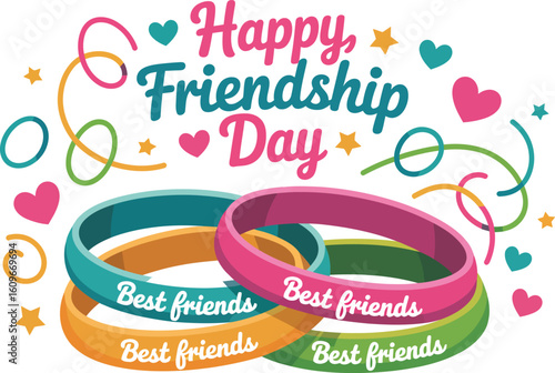 Playful Friendship Day illustration with colorful bracelets labeled “Best friends,” decorative hearts and stars, and joyful greeting typography