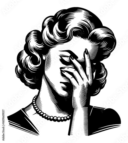 Vintage Woman with Facepalm Gesture Expressing Frustration in Black and White Outline Line Art Drawing Style