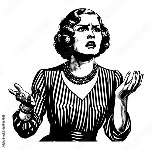 Vintage Woman with Anguished Gesture and Confused Expression Black and White Outline Line Art Drawing