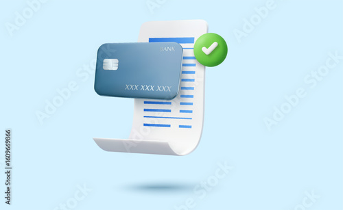 3d credit card with bill or receipt and green check mark, isolated on background. Online payment success concept in 3d vector illustration. Vector illustration