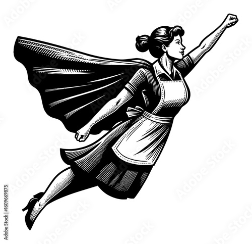A Powerful Housewife Mother Flying with Superhero Pose in Classic Black and White Outline Line Art Drawing