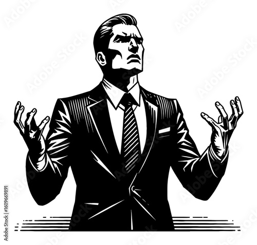 Businessman with Anguished Gesture and Expressive Face Black and White Outline Line Art Drawing of Frustrated Man