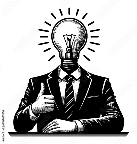 Businessman with Lamp Bulb Head and Thumbs Up Hand Gesture Got an Idea Black and White Outline Line Art Drawing