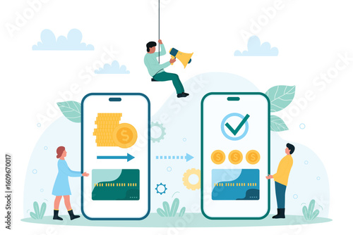 Money transfer, fast payment and transaction in digital wallet of electronic bank system vector illustration. Cartoon tiny customers send gold coins in mobile application, smart banking technology