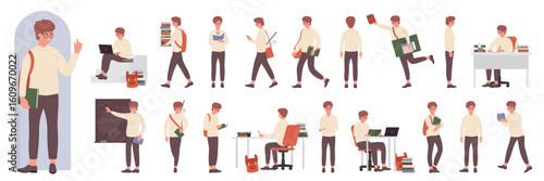 Boy pupil character learning set vector illustration. Cartoon clever funny nerd teenage with glasses reading paper books, serious and joyful genius student standing at blackboard isolated on white