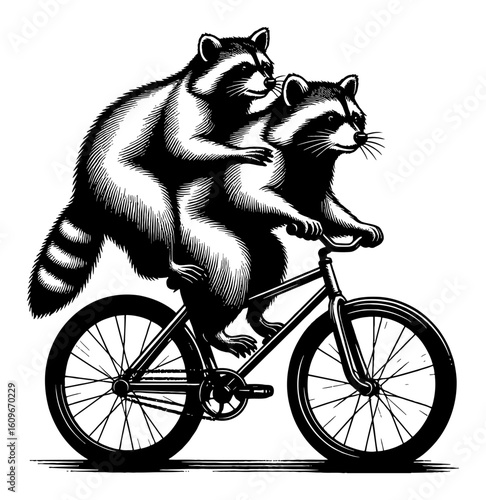Two Raccoons Riding Back Together on a Bicycle Tandem Vintage Black and White Outline Line Art Drawing