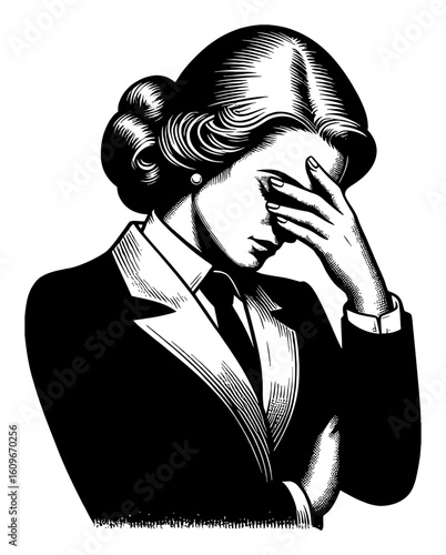 Vintage Business Woman Facepalm Gesture Black and White Outline Line Art Drawing Professional Stress