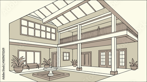 Illustration of a two story building with a courtyard featuring a fountain and potted plants inside view