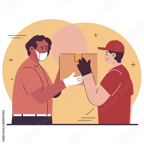 Elderly person wearing a mask and gloves receives a package from a delivery person in a safe contactless exchange