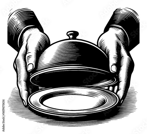 Hand Holding Empty Plate and Opening Cloche Lid Black and White Outline Line Art Drawing