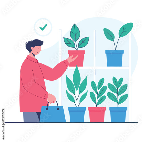 A man carefully selects a potted plant from a shelf holding a shopping bag symbolizing plant care and home gardening