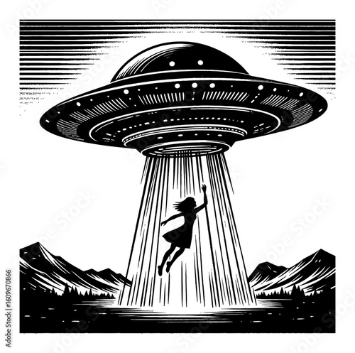 UFO Flying Saucer Kidnapping a Girl Silhouette with Light Beam Over Mountains Black and White Outline Line Art Drawing