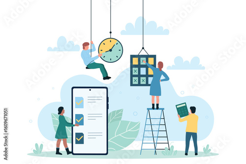 Effective time management and organization process of business team. Cartoon tiny professional people organize work tasks with schedule, flat vector illustration. Productivity, effectiveness concept