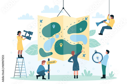 Preparation to trip adventure, travel guide and tiny people. Cartoon characters planning journey, holding tourist equipment near giant map with routes flat vector illustration. Vacation, tour concept