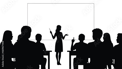 Instructor teaching students at desks with whiteboard classroom learning