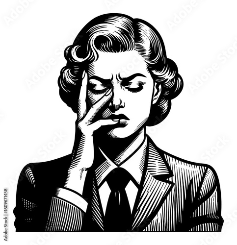 Vintage Business Woman with Anguished Gesture and Expression Black and White Outline Line Art Drawing