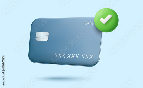 3d credit card with green check mark or checkbox, isolated on background. Successful payment concept in 3d vector illustration. Vector illustration